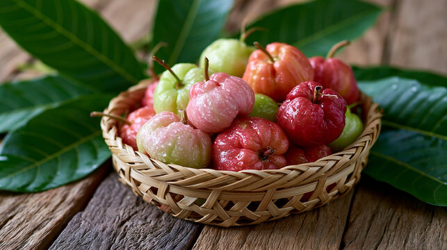Woven Basket Filled with Red and Green Wax Apples Surrounded by Large Leaves
