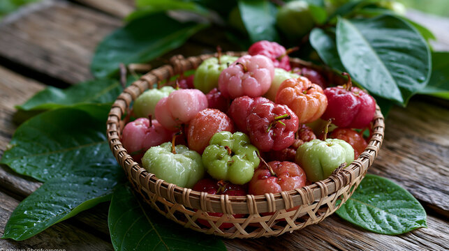 Mixed Red and Green Wax Apples in Small Basket with Leafy Tropical Background