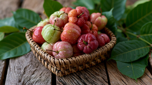 Fresh Tropical Wax Apples in Basket on Weathered Wood with Glossy Green Leaves