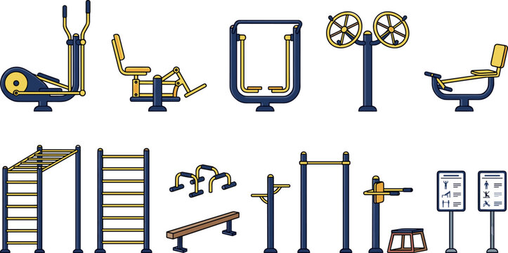 Outdoor Gym Workout Equipment Vector Set with Calisthenics Monkey Bars Elliptical Trainer Pull Up Station Leg Press and Fitness Instruction Signs