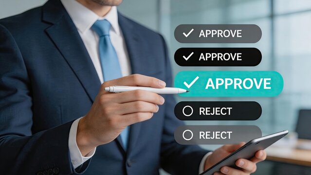 Executive approving decision on digital tablet interface, authorization process visualization, management consent selection, corporate workflow approval mechanism.