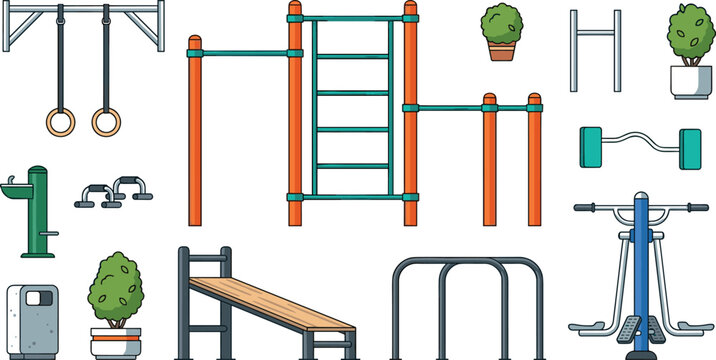 Outdoor Gym Fitness Equipment Vector Set with Calisthenics Bars Pull Up Rings Incline Sit Up Bench Barbell and Street Workout Station Elements