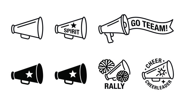 Cheerleading Megaphone Icons Set, Spirit, Rally, Go Team, Cheerleader