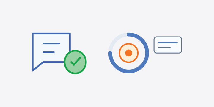 A speech bubble with a checkmark and a circular progress bar with a data card.