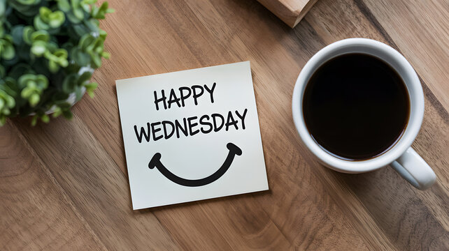 A cup of coffee and a happy Wednesday note on a wooden desk with a plant