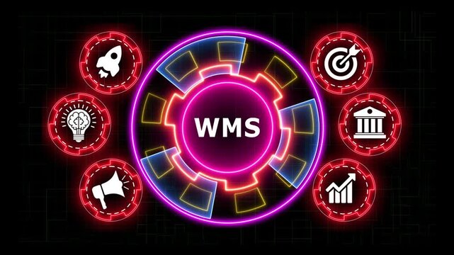 Wms neon digital interface motion graphic showing logistics management icons.