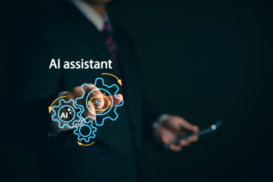 Businessmen are using smartphones with state-of-the-art AI interfaces. Concepts about artificial intelligence, AI assistants, machine learning of creative AI. Data management with AI