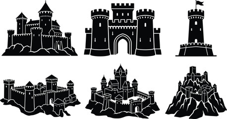 Obraz premium Medieval Castle Silhouette Collection with Fantasy Fortress and Ancient Kingdom Architecture Designs
