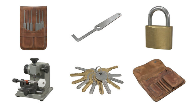 Professional locksmith tools and security equipment including key cutting machine lock picks and brass padlock on transparent background transparent background
