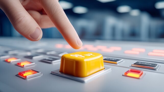 Person pressing a yellow emergency stop button on an industrial control panel