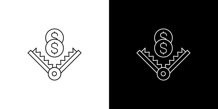 Financial debt trap icon with dollar coins in a bear trap representing investment risk predatory lending and monetary scam danger