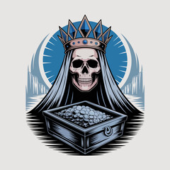 Skeleton wearing crown with treasure chest. © pixel