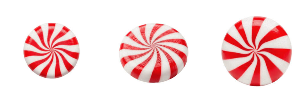 Set of Three Red and White Peppermint Swirl Candies Isolated on White Background, Realistic Round Christmas Hard Candy PNG Clipart for Holiday Designs, Sweet Treats, Seasonal Marketing, and Festive Co