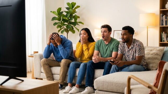 Multiethnic group of friends sitting on a sofa watching television with shocked and disappointed expressions during an intense movie or match