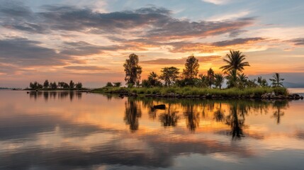 Obraz premium Serene Sunset Over Calm Water with Trees and Tropical Landscape, Vibrant Colors Reflected in Tranquil Lake, Peaceful Nature Scene
