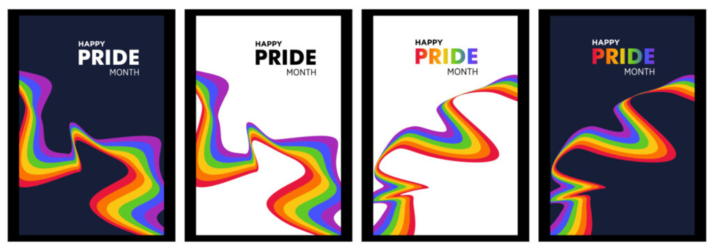 PRIDE month banner parades text isolated poster set, Rainbow or Pride Flag. Pride Rainbow Flag Wave Design Element, Celebrates pride ribbon roll make inclusive progress pride, Vector illustration