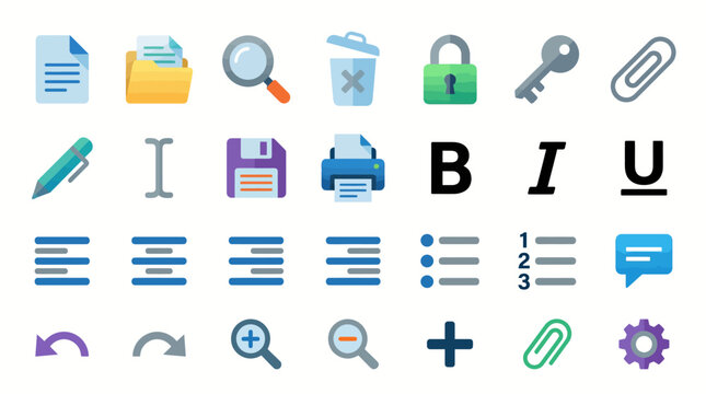 Document editing icons display a variety of essential word processing and file management symbols for office software.