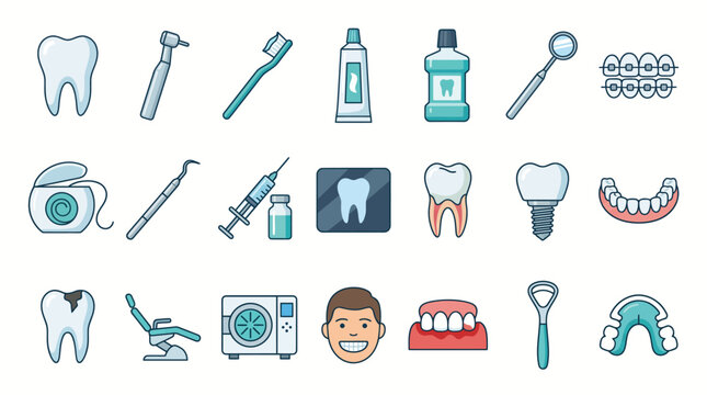 Dental care icons illustrate a collection of professional medical tools and oral hygiene equipment for clinical use.