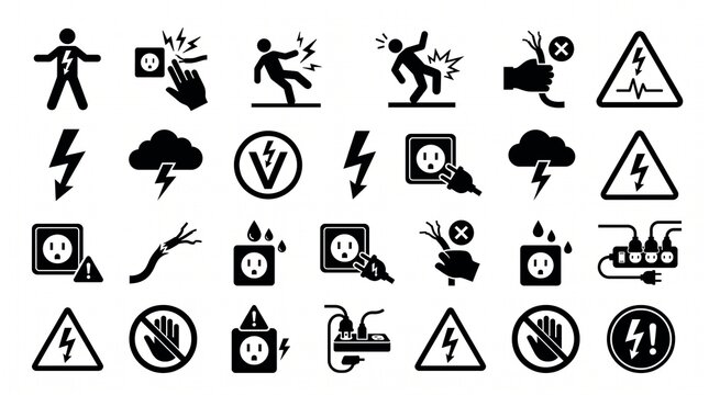 Minimalist electrical safety icons&mdash;high voltage, shock hazards, arc flash, and protective gear&mdash;symbolize workplace awareness, prevention, and the critical importance of safe energy practices.