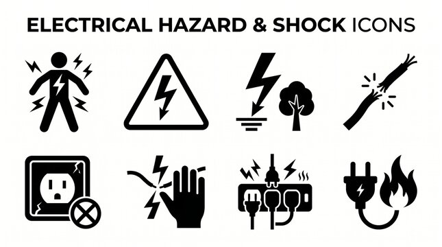 Minimalist electrical safety icons&mdash;high voltage, shock hazards, arc flash, and protective gear&mdash;symbolize workplace awareness, prevention, and the critical importance of safe energy practices.