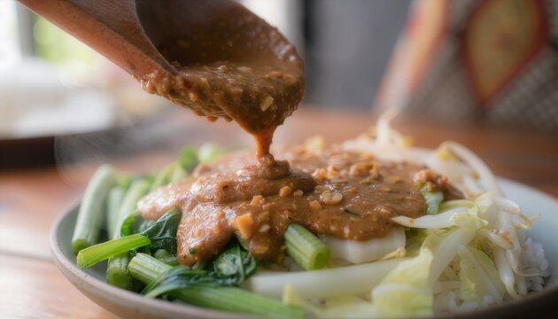 Part of Nusantara Harvest, Pouring peanut sauce over Indonesian pecel vegetables