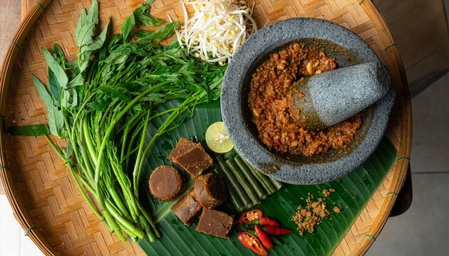 Part of Nusantara Harvest, Indonesian pecel ingredients with peanut sauce in stone mortar