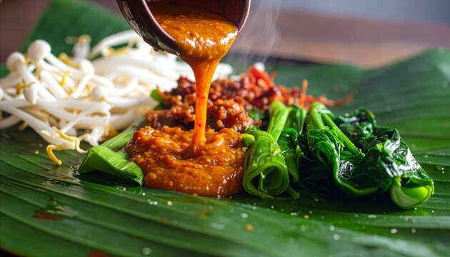 Part of Nusantara Harvest, Pouring peanut sauce over Indonesian pecel vegetables