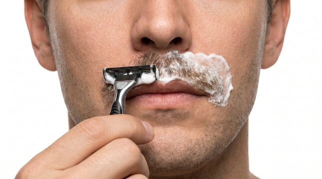 Close-up of a man shaving his mustache with a razor and shaving cream