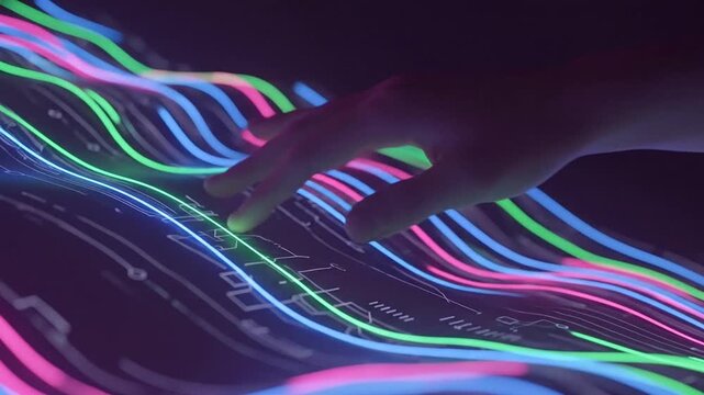 Hand touching vibrant neon light waves on a digital touch screen interface.