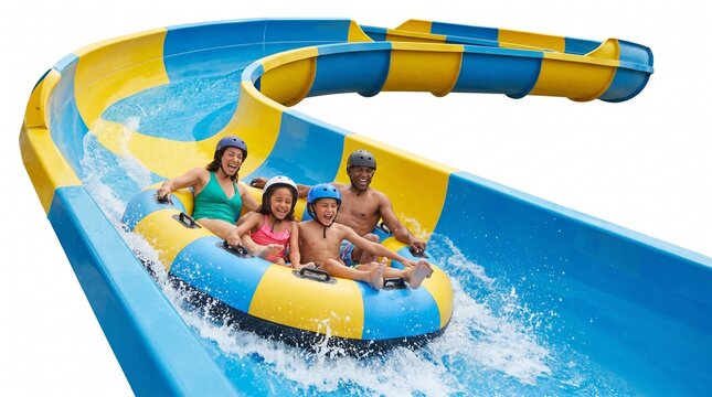 Thrilled family enjoys a refreshing summer adventure, swiftly sliding down a vibrant blue and yellow water park attraction