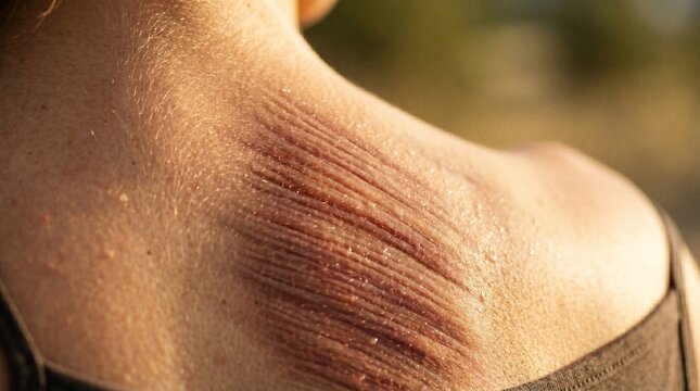 The Mountain Range: Trapezius Muscle Fibers Contracting Beneath Sun-Kissed Skin