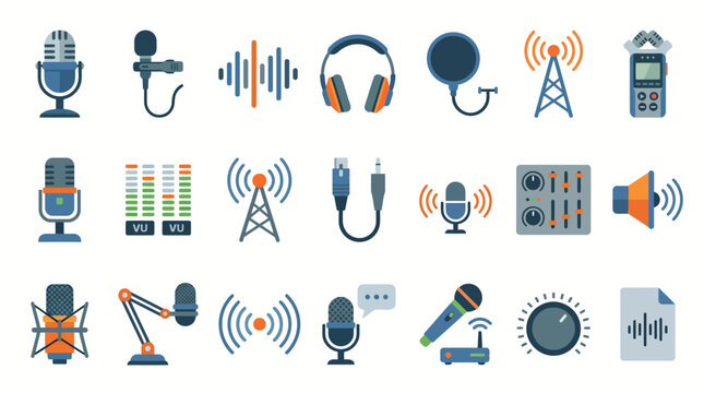 Microphones and audio equipment icons represent a collection of professional broadcasting tools for sound recording and media production.