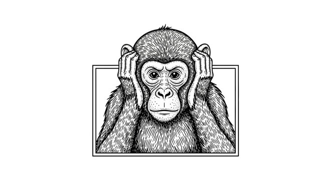 Monkey Covering Ears, Hear No Evil, Black and White Illustration, Vintage Style