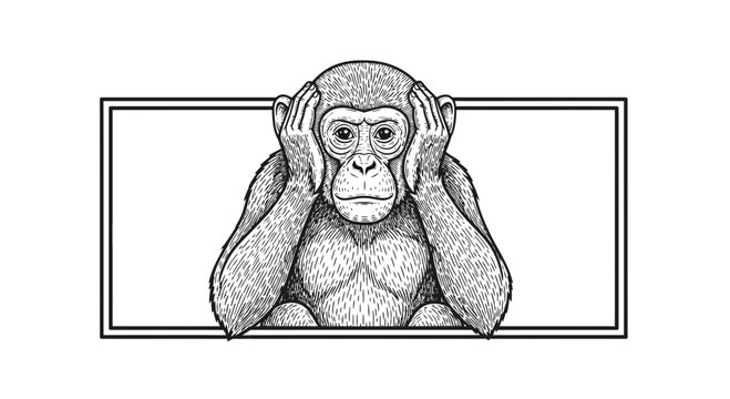 Monkey Covering Ears, Illustration of Hear No Evil Monkey, Symbol of Silence and Secrecy