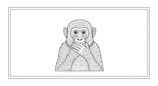 Monkey Covering Mouth With Hands, Illustration, Black And White, Concept Of Silence