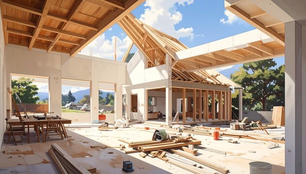 An interior shot depicts a home construction site. Framing is visible, with unfinished walls, open beams, and views to the outside