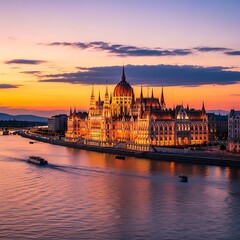 Obraz premium Budapest Parliament Building Illuminated at Sunset over Danube River.