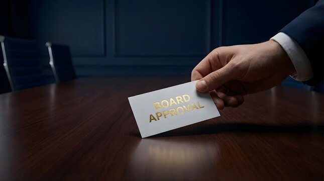 Business executive hand holding a board approval card over a dark wooden conference table