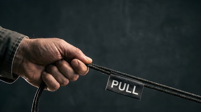 Hand pulling a thick rope with a pull tag sign on a dark background for conceptual business strategy