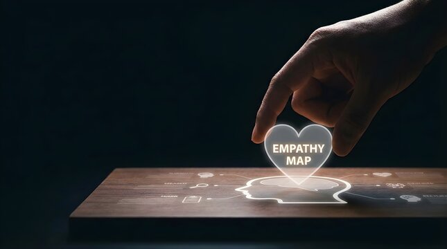 Human hand interacting with digital empathy map concept icon on wooden surface for user experience design