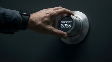 Fototapeta premium Businessman adjusting metallic dial setting forecast 2026 for future financial planning strategy