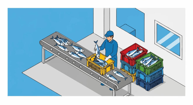 Fish processing plant with worker sorting fish on a conveyor belt into crates.