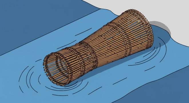 Traditional bamboo fish trap submerged in flowing blue water with ripples.