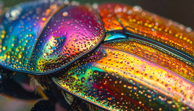 Close up of a vibrant iridescent beetle with colorful textured details