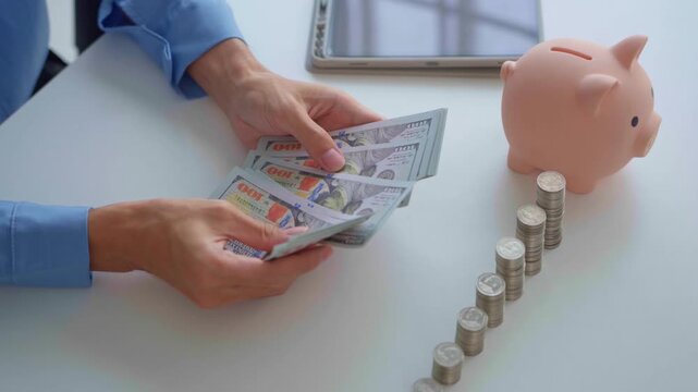 Asian businessman counting banknote with stacking coin and piggy bank on table investment concept.