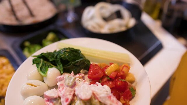 Self Service Salad Bar Buffet with Fresh Vegetables and Boiled Eggs