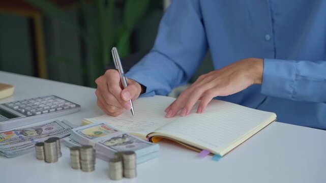 Asian businessman writing on notebook with stacking coin on table money management concept