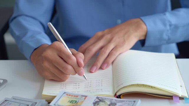 Asian businessman writing on notebook with stacking coin on table money management concept