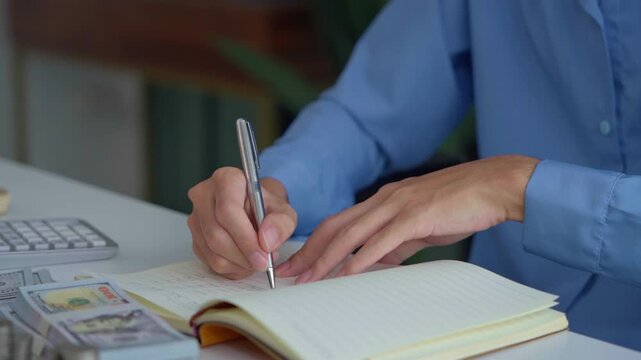 Asian businessman writing on notebook with stacking coin on table money management concept