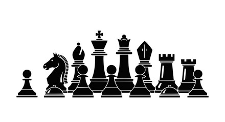 Black chess pieces arranged in a line against white background, strategy game icons © Pemancing